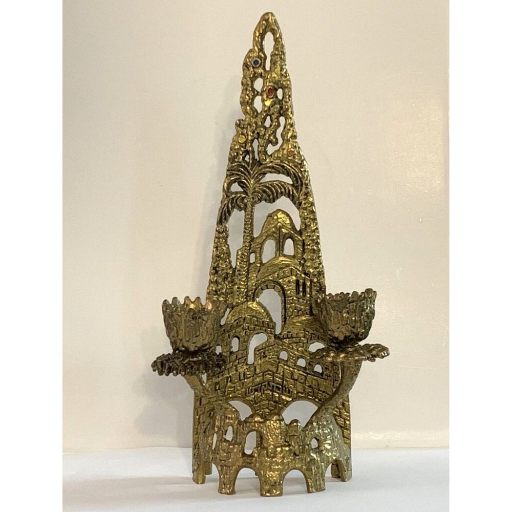 Candle Holder Marked Tamar Made in Holyland Metal Triangle Shape Double Tapered